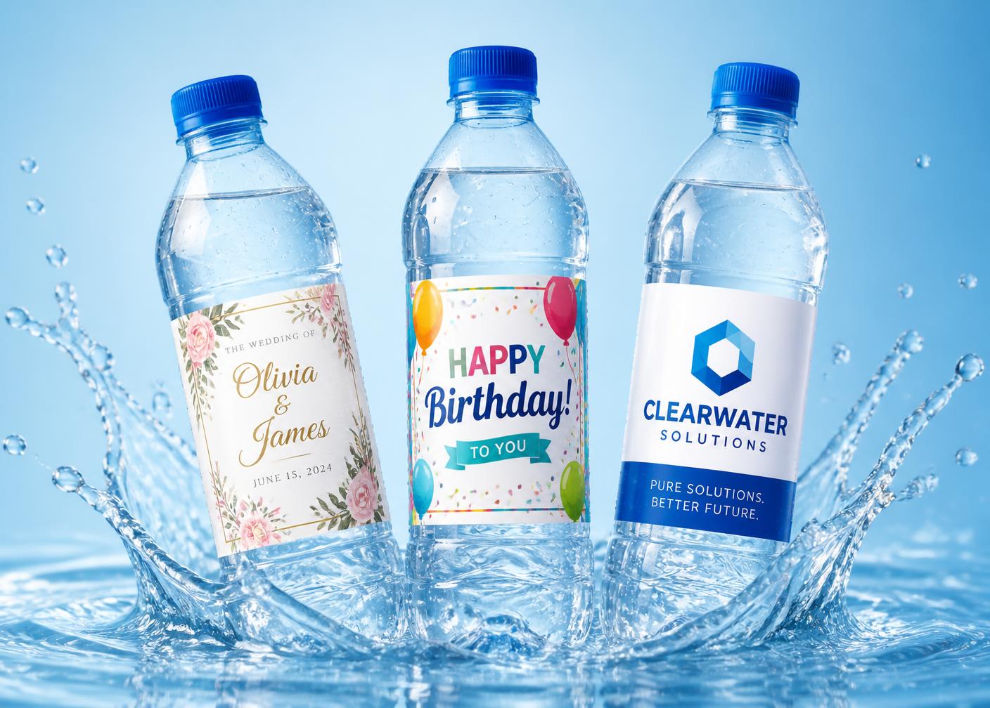 Customized water bottles with wedding, birthday and corporate labels in a water splash